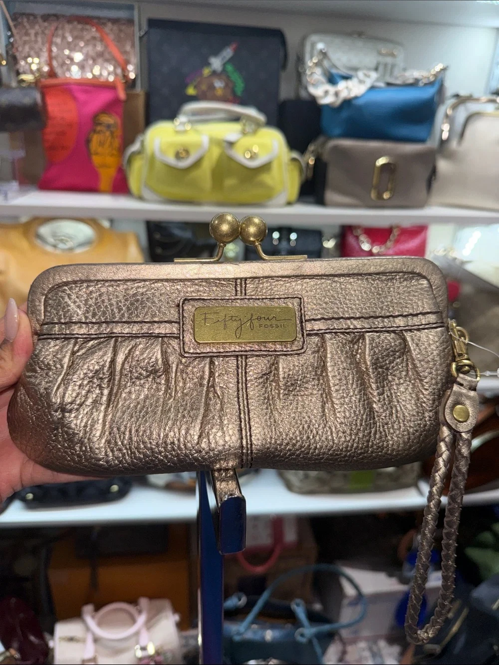 Fossil Rare Metallic Bronze Wristlet Kiss lock Clutch with Braided Strap